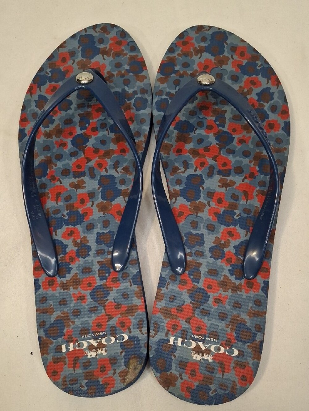 Coach Blue Floral Print Jelly Thong Flip Flops. Like New. - Picture 2 of 9